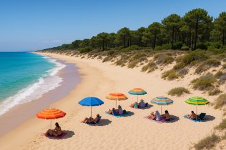 Plage de Comporta avec sable fin et parasols colorés
