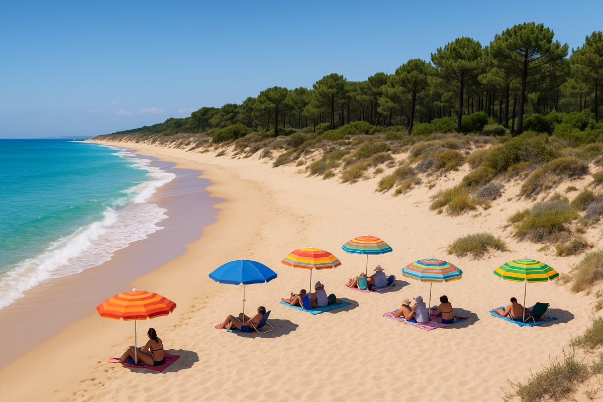 Plage de Comporta avec sable fin et parasols colorés