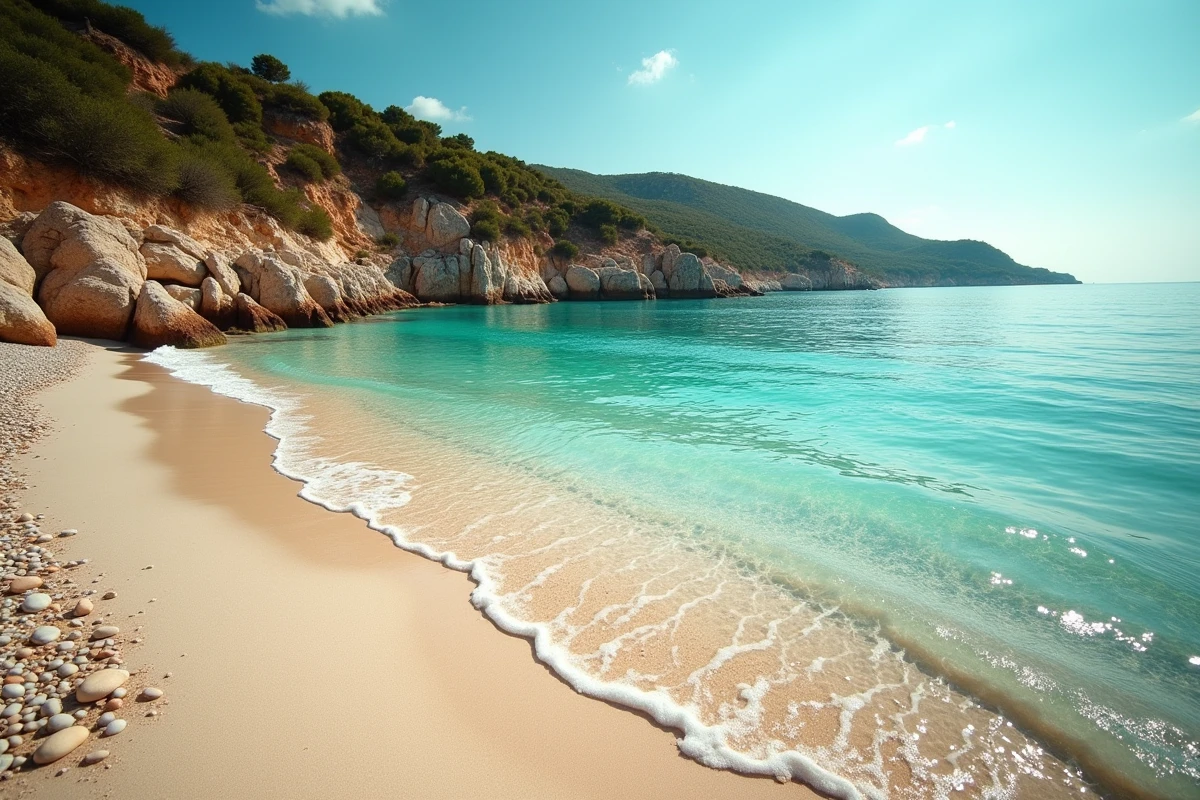 Plage secrète de Corse avec eau turquoise et rochers de granit entourés de maquis