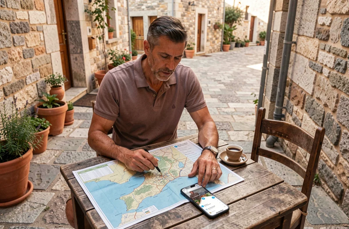 Homme planifiant un itinéraire en Corse du Nord avec une carte et un smartphone sur la terrasse d'un café de village corse