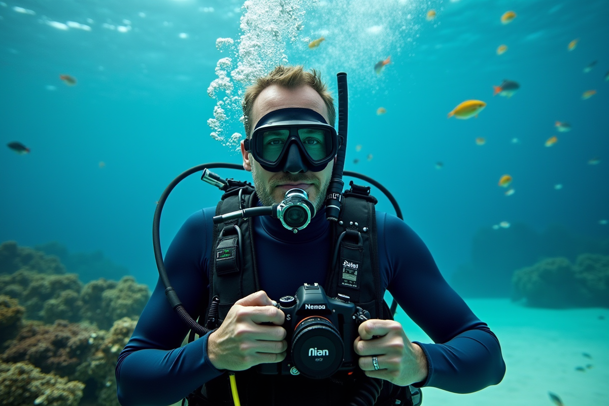 Plongeur masculin en plongée sous-marine dans un récif tropical