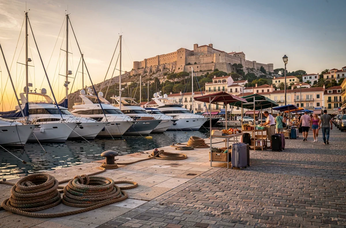 Port d'Ibiza Town avec des yachts amarrés et la forteresse Dalt Vila en arrière-plan au coucher du soleil