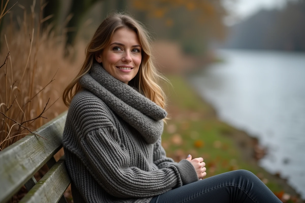 Femme en pull et écharpe assise au bord de l