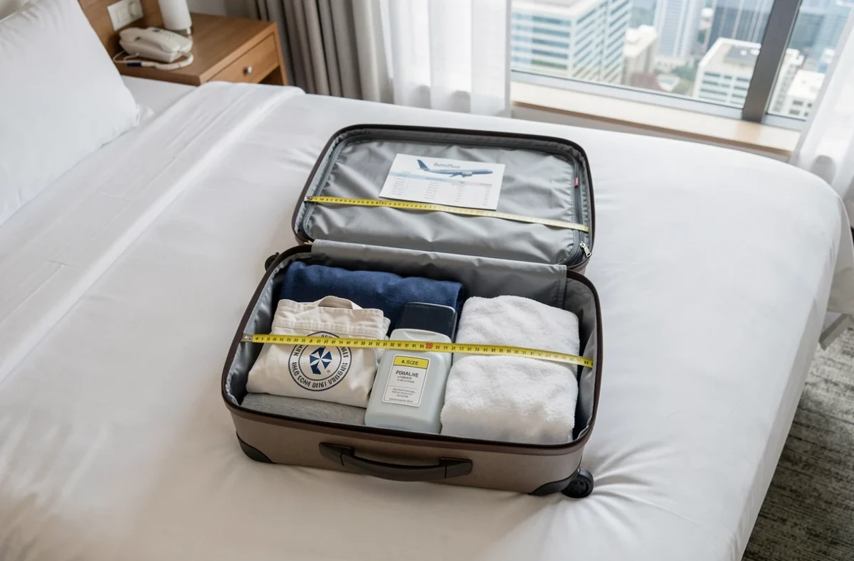 Valise cabine ouverte sur un lit d'hôtel avec ruban à mesurer et guide des dimensions compagnies aériennes