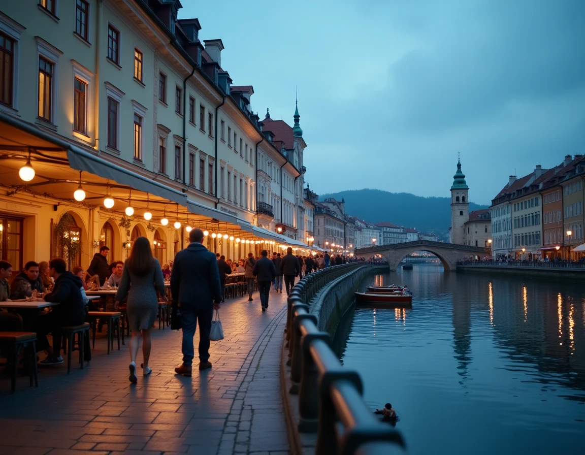 Promenade animée au bord de la Ljubljanica au crépuscule dans le centre-ville de Ljubljana