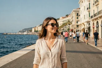 Femme se promenant sur la Promenade des Anglais à Nice avec la mer Méditerranée en arrière-plan