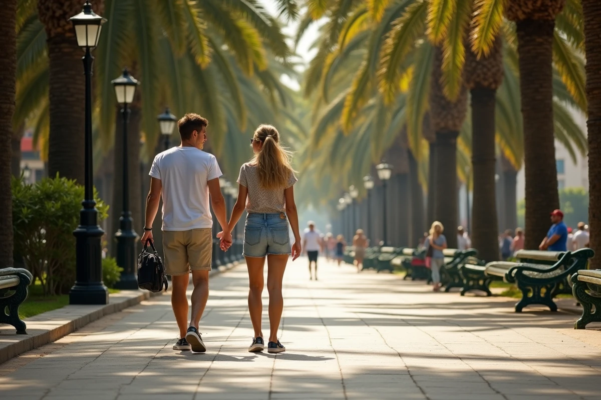 Couple se promenant à pied sur le Paseo del Parque de Malaga entouré d'arbres tropicaux et de bancs en céramique