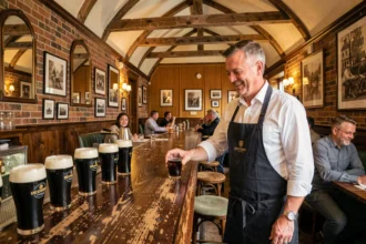 Intérieur authentique d'un pub irlandais traditionnel à Dublin avec des pintes de stout sur le comptoir en acajou et un barman souriant