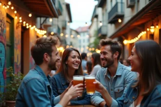 Terrasse animée du quartier Metelkova à Ljubljana avec des jeunes adultes qui sortent le soir