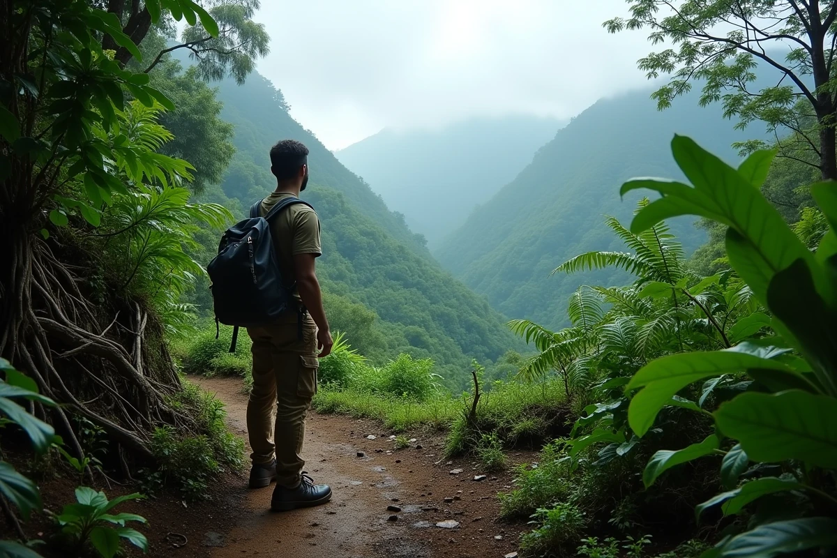 Randonneur masculin sur un sentier brumeux dans les Blue Mountains au-dessus de Kingston en Jamaïque entouré d'une végétation tropicale dense