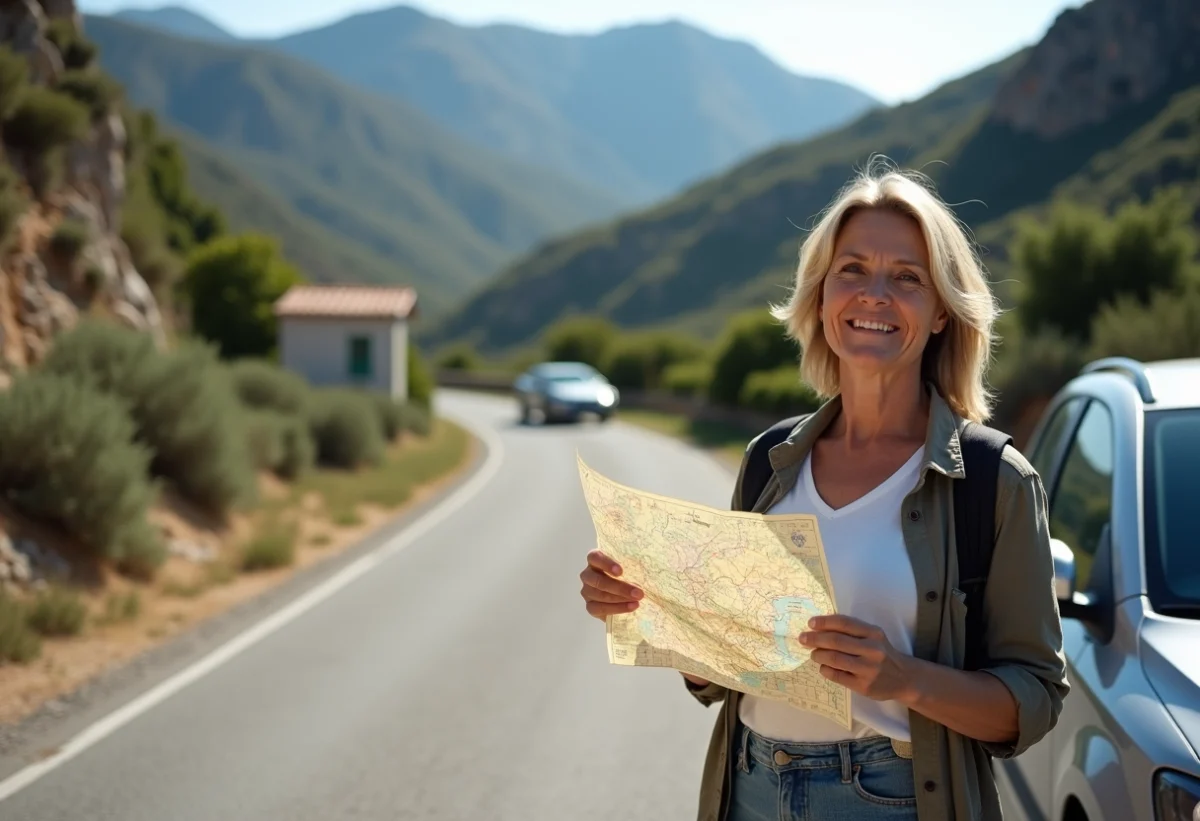 Femme en randonnée avec carte et voiture en Corse