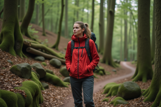 Jeune femme en randonnée dans la forêt de Fontainebleau