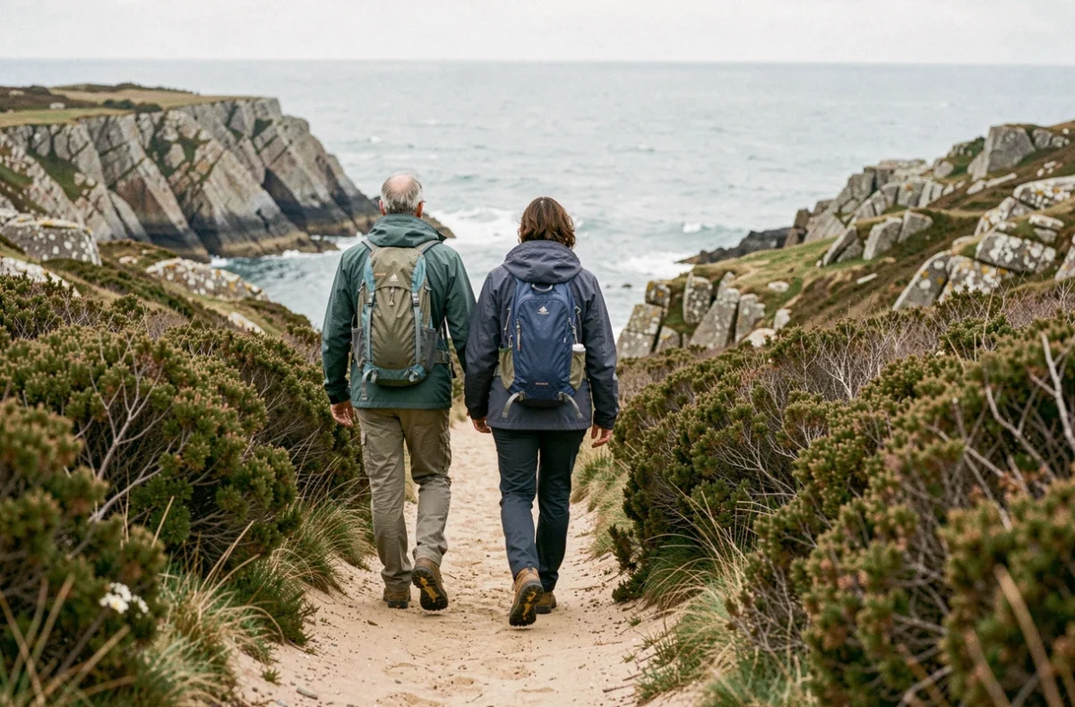 Couple de randonneurs marchant sur le sentier côtier menant à la pointe de Kadoran