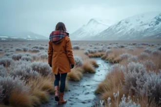 Randonneuse solitaire sur une lande givrée des Highlands écossais en hiver, face à un panorama de montagnes enneigées sous un ciel nuageux