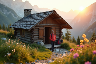 Refuge de montagne au lever du soleil avec gardien souriant