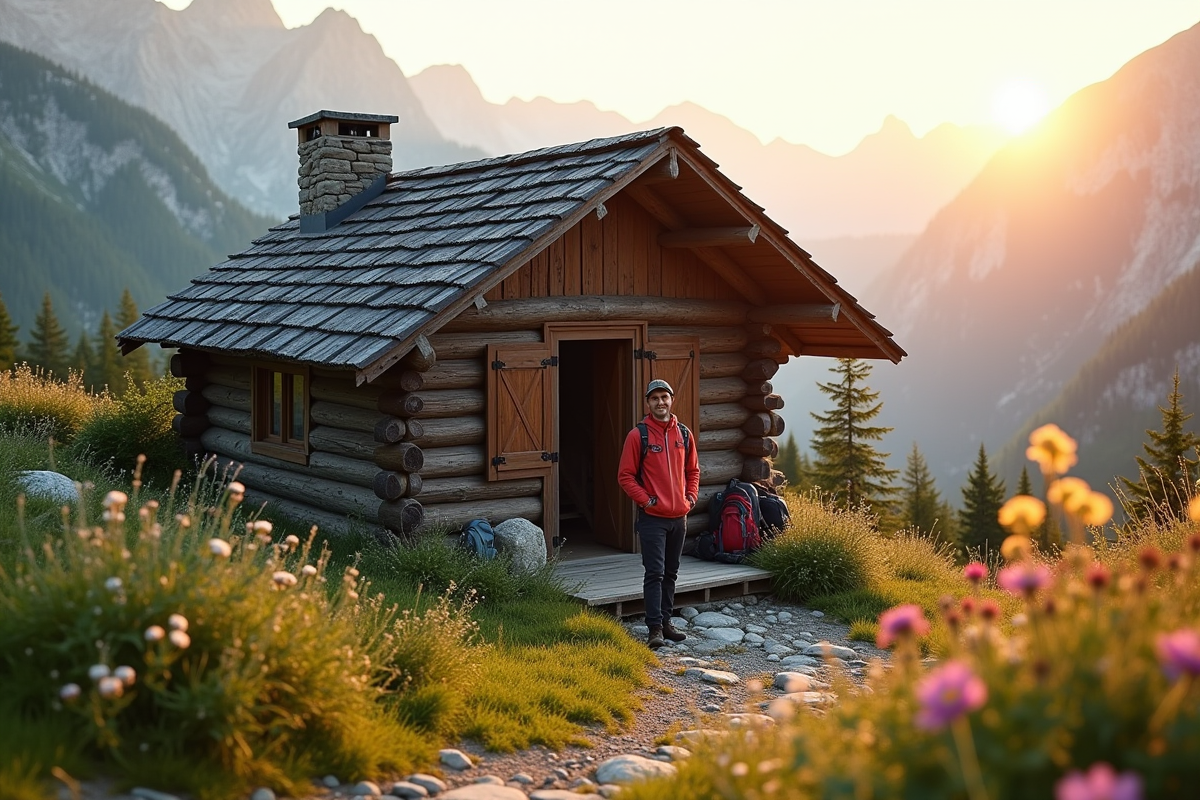 Refuge de montagne au lever du soleil avec gardien souriant