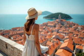 Femme en robe de lin admirant la vue panoramique sur les toits de Dubrovnik depuis les remparts de la vieille ville