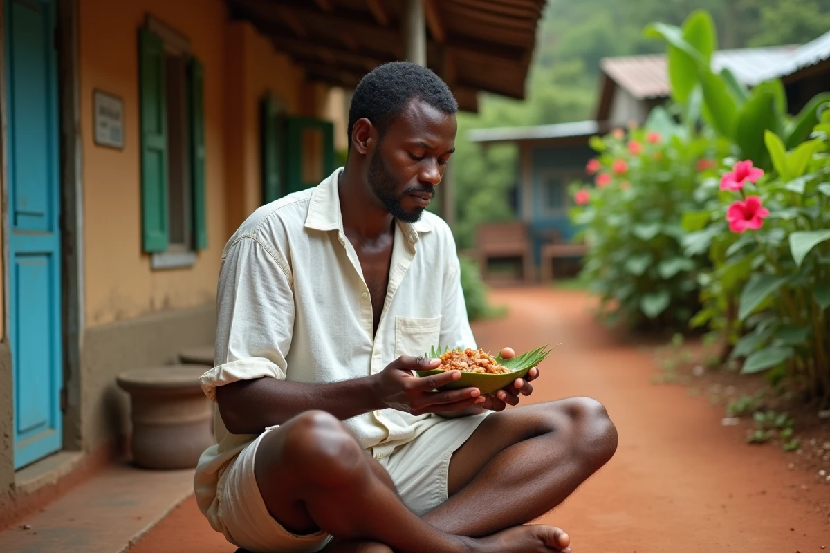 Homme réunionnais dégustant un rougail saucisse devant une case créole traditionnelle dans les Hauts de La Réunion