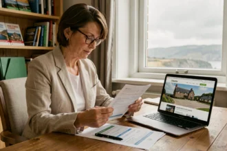 Femme consultant des documents de réservation d'hôtel en bord de mer en Bretagne sur un bureau en bois