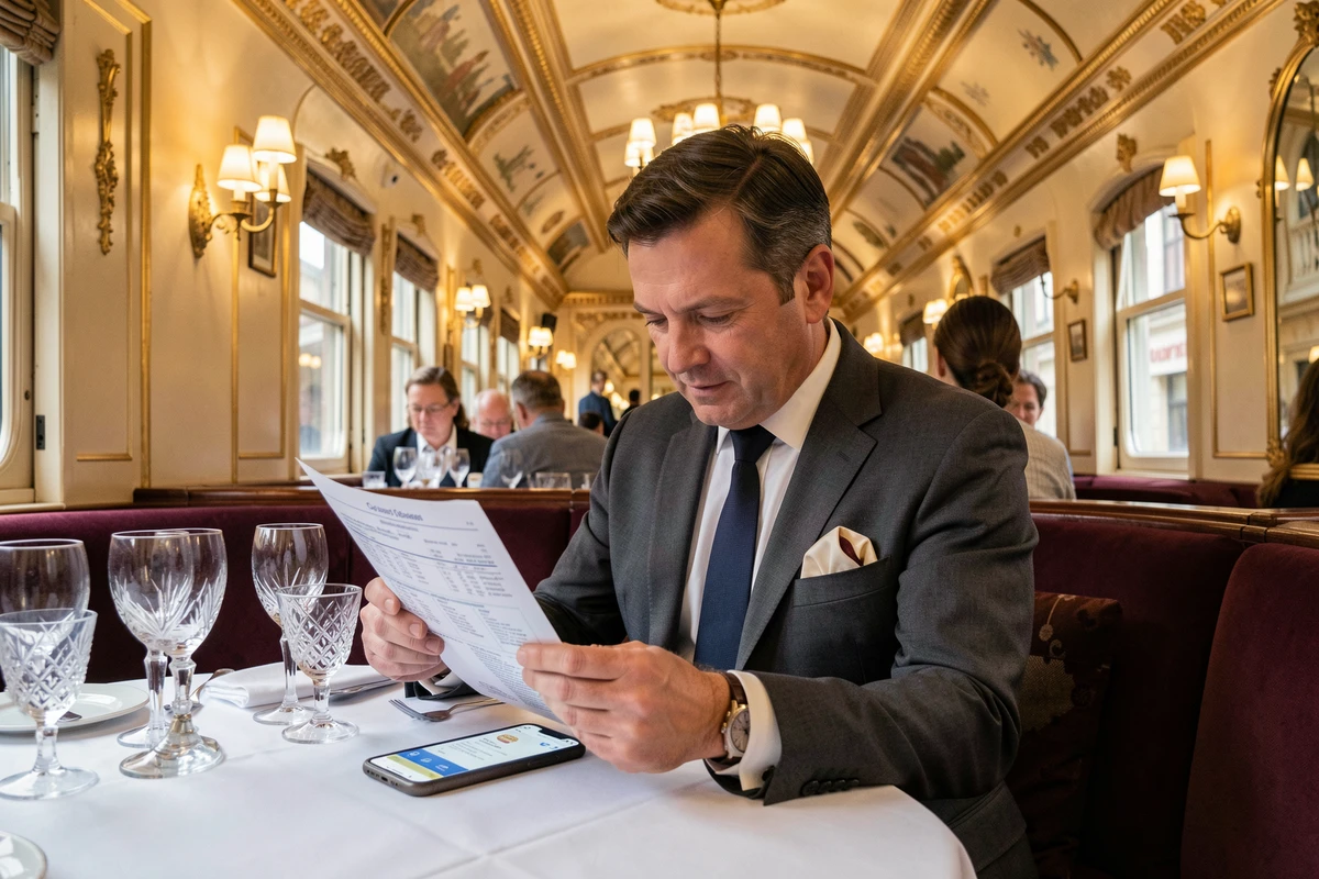 Homme en costume consultant un itinéraire de voyage dans la voiture-restaurant luxueuse de l'Orient Express