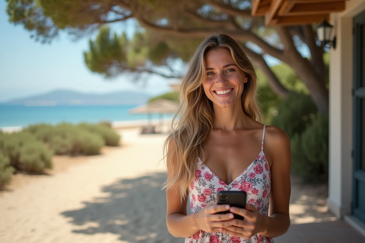 Touriste consultant son téléphone pour une réservation de paillote à Cala d'Orzu Corse en 2026