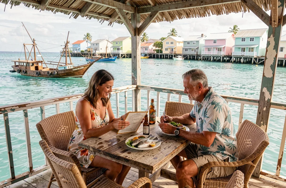 Couple dînant dans un restaurant en bord de mer dans un village pittoresque des Grenadines