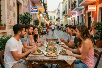 Groupe de jeunes adultes attablés en terrasse dans un restaurant de Paceville à Malte, partageant des plats méditerranéens typiques au coucher du soleil
