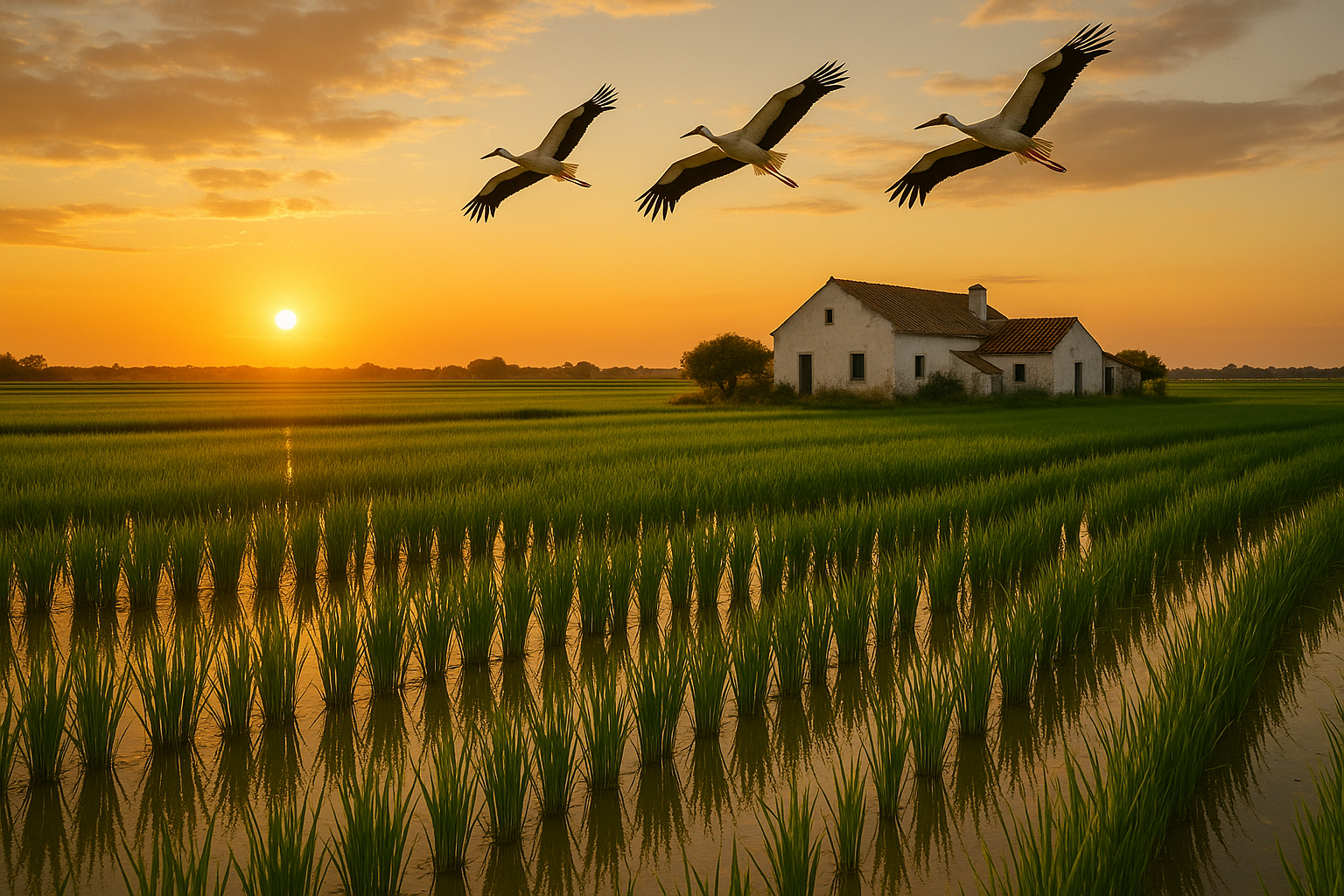 Rizières de Comporta au coucher du soleil avec ferme blanche