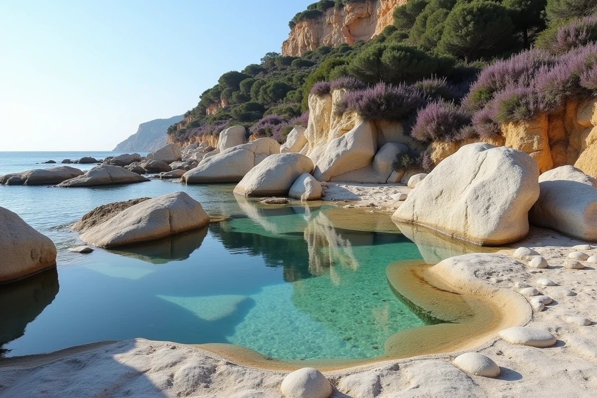 Rochers calcaires et vasques naturelles d'eau claire sur la plage des 3 Pointes à Bonifacio, sentier de randonnée côtière en Corse