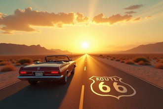 Autoroute américaine Route 66 au lever du soleil dans le désert