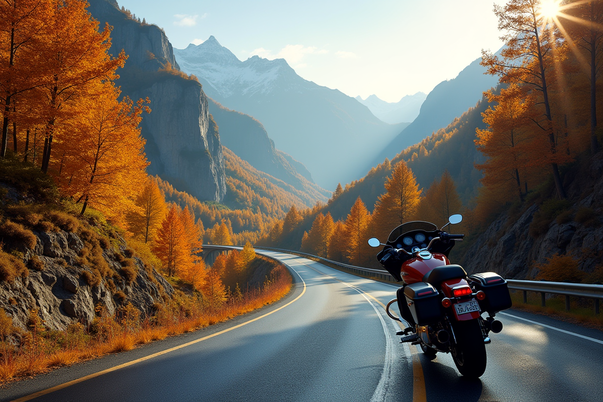 Route de montagne automnale avec Harley Davidson au coucher du soleil