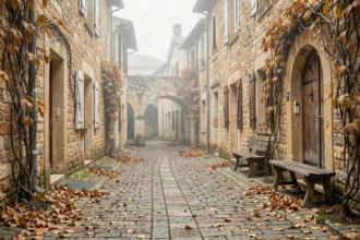Ruelle pavée et déserte du village de Gordes en automne, pierres calcaires anciennes et feuilles mortes dorées, ambiance calme hors saison