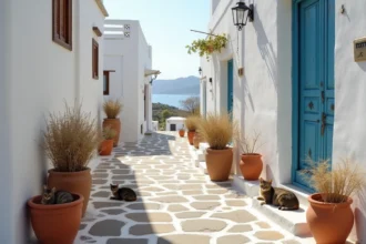 Ruelle blanchie à la chaux typique de Tinos hors saison avec chats et porte bleue en bois