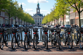 Rue d'Amsterdam avec vélos et bâtiments colorés ensoleillés