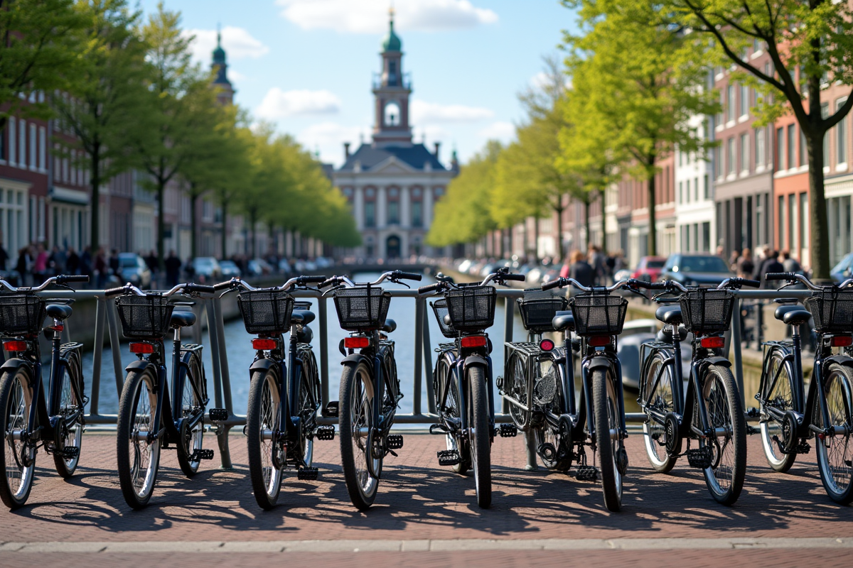 Rue d'Amsterdam avec vélos et bâtiments colorés ensoleillés