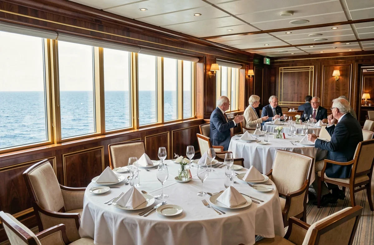 Salle à manger élégante d'un paquebot de croisière de luxe avec vue sur l'océan et tables finement dressées