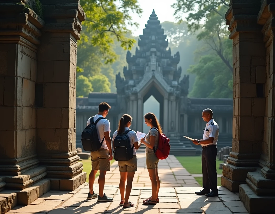 Couple de voyageurs consultant un guide de sécurité à l'entrée d'Angkor Wat avec un agent de sécurité cambodgien