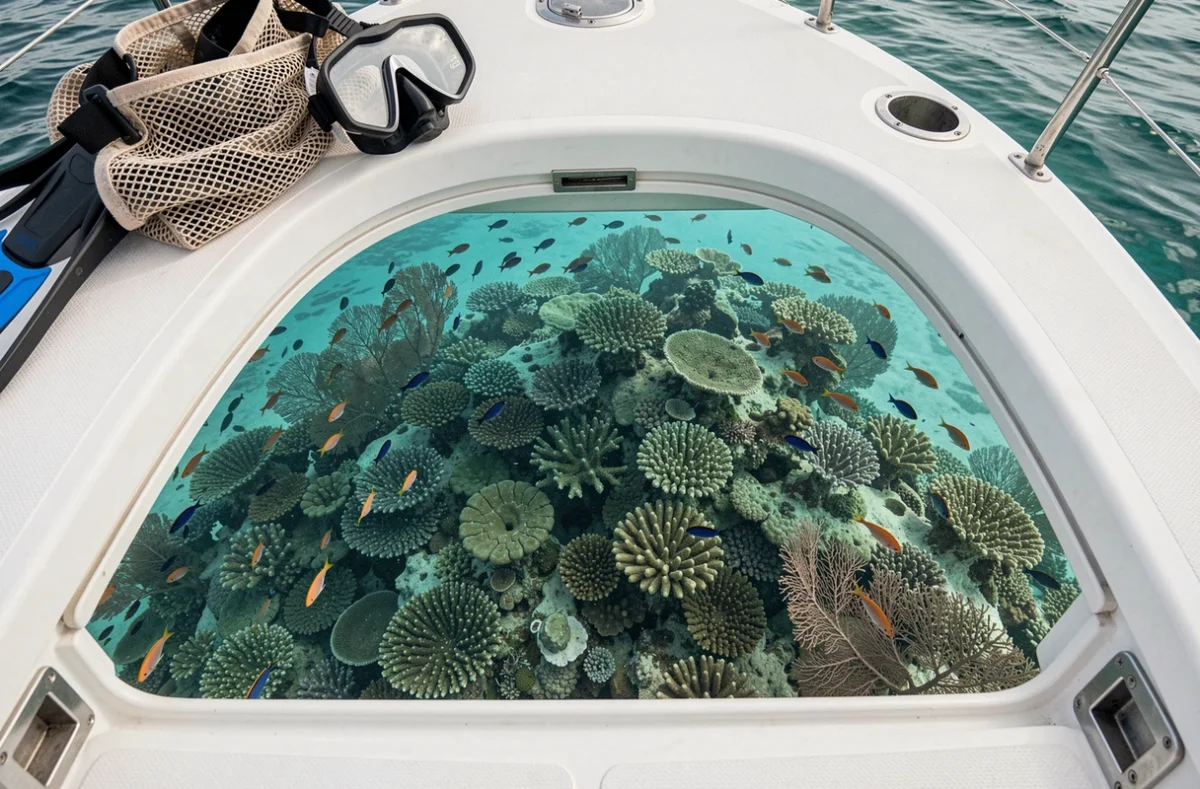 Équipement de snorkeling sur le pont d'un voilier avec un récif corallien visible sous l'eau turquoise des Grenadines