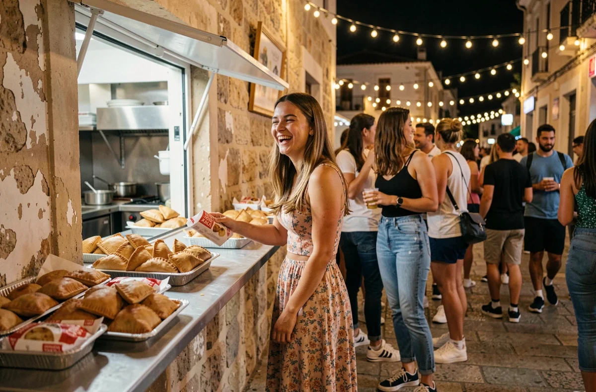 Jeune femme recevant des pastizzi maltais à un stand de street food de nuit à Paceville, entourée de clubbers