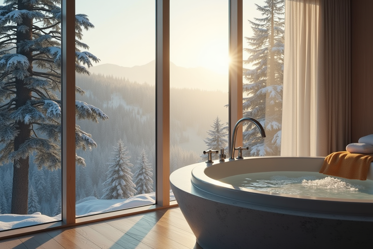 Suite luxueuse avec vue sur paysage brumeux et jacuzzi intérieur