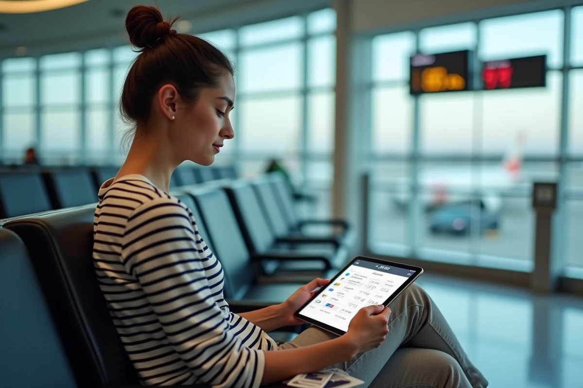 Femme consultant les tarifs Saily pour la France sur une tablette dans un aéroport