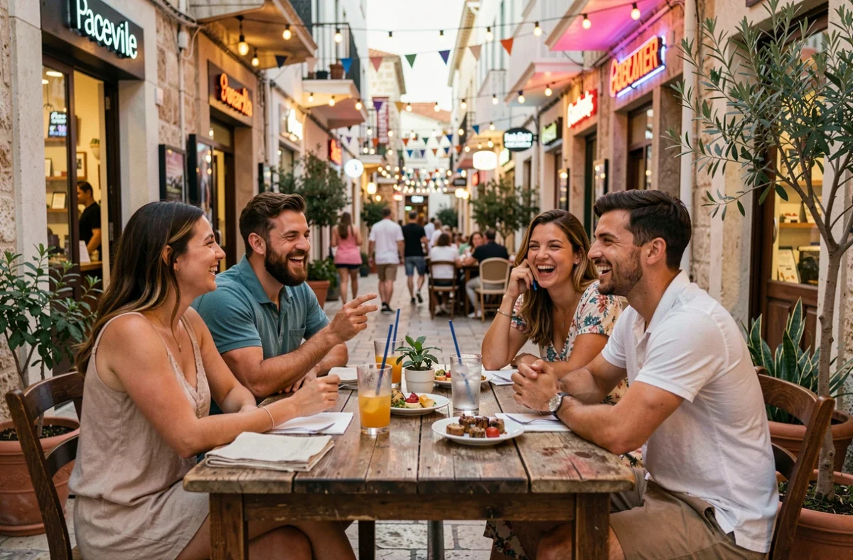 Groupe d'amis profitant d'une terrasse animée dans le quartier de Paceville à Saint-Julien, Malte, avec des boissons fraîches et une ambiance nocturne détendue