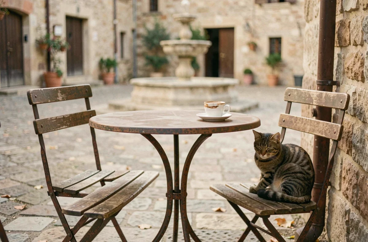 Terrasse de café vide à Gordes en automne avec chaise en bois, espresso et chat endormi, ambiance tranquille du village provençal hors saison