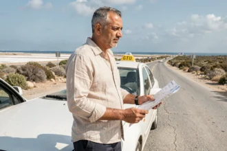 Homme tunisien à côté d'un taxi blanc sur la route entre Monastir et Tunis avec carte routière en main
