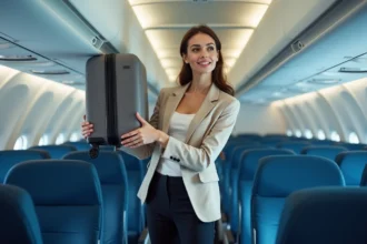 Femme plaçant une valise cabine Jump dans le compartiment supérieur d'un avion moderne