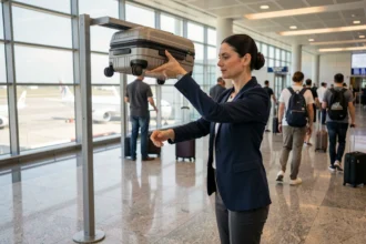 Femme vérifiant la conformité de sa valise cabine dans un sizer de mesure à l'aéroport