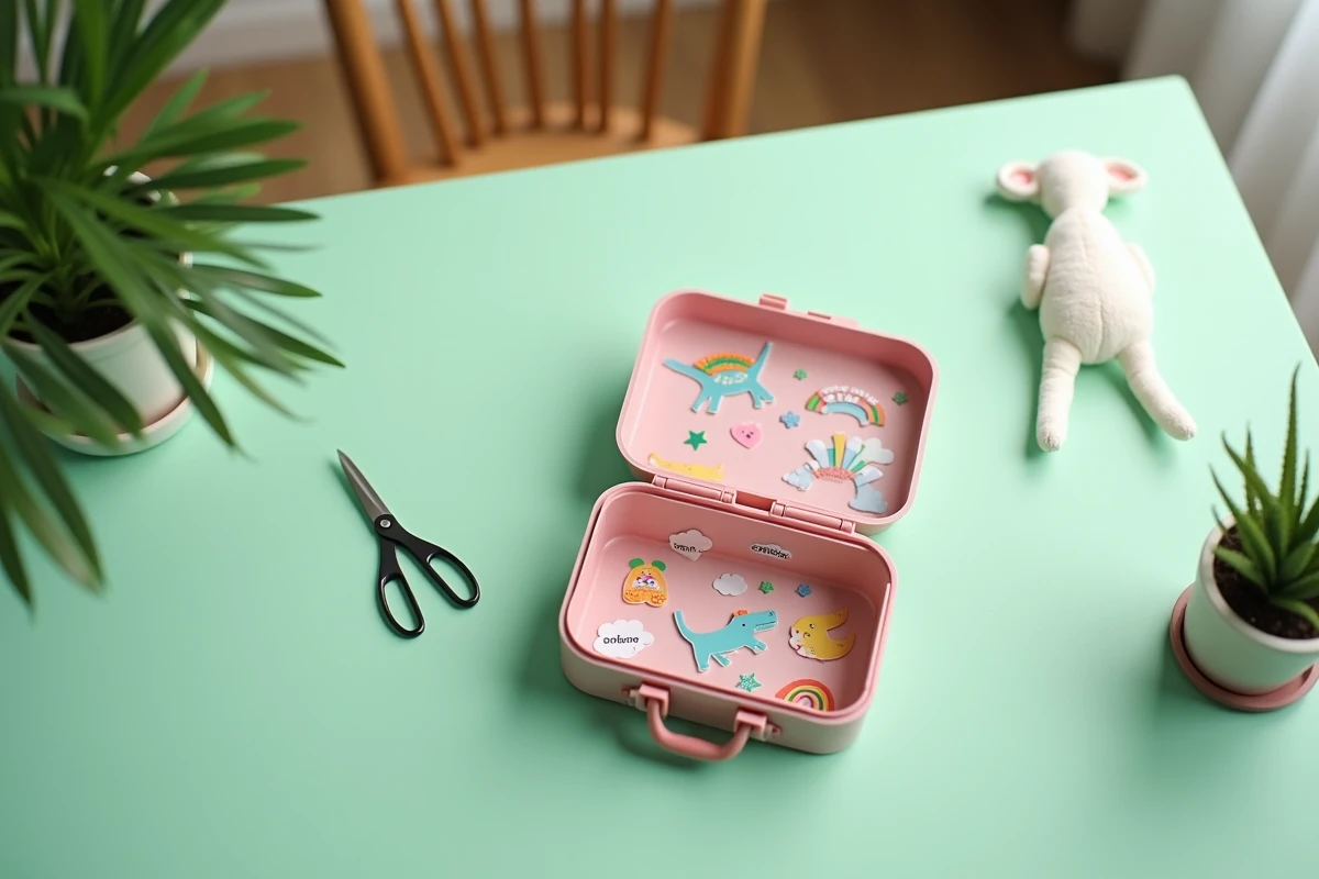 Valise enfant décorée d'autocollants dinosaures et étoiles vue de dessus sur une table