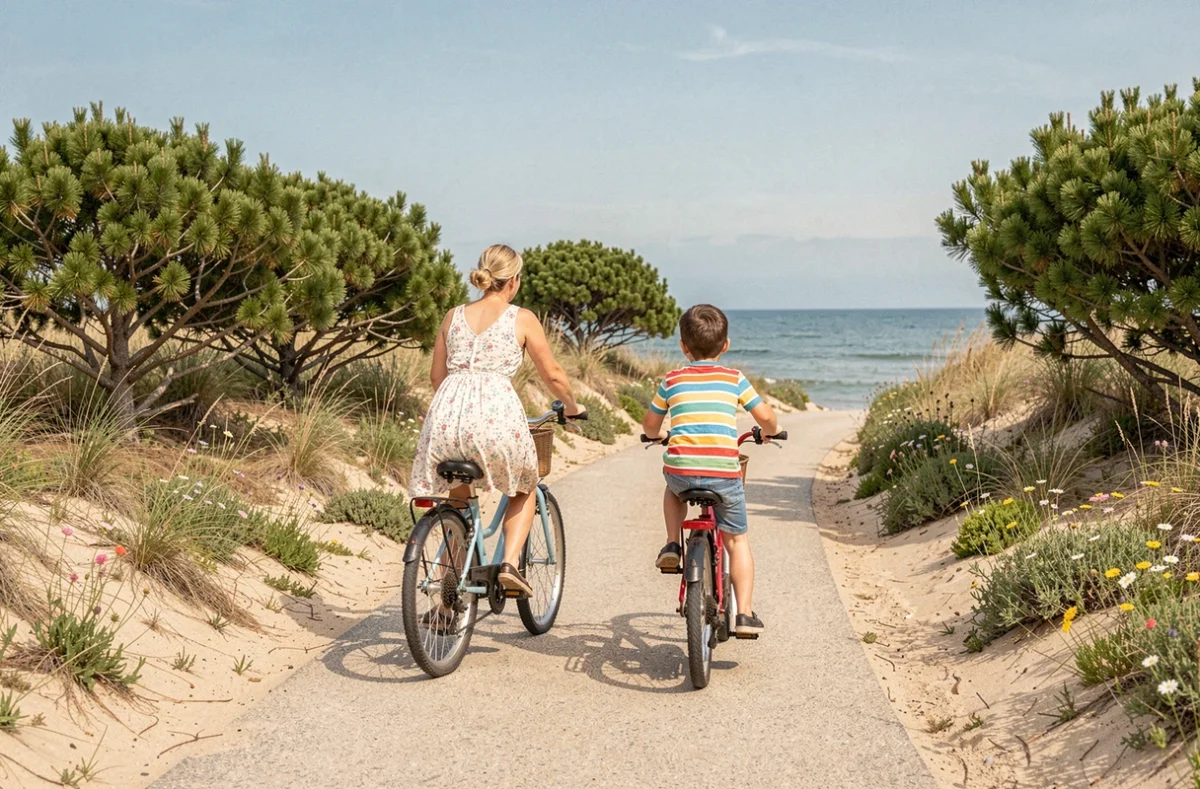 Mère et enfant faisant du vélo sur la piste cyclable près de la Cotinière à Oléron