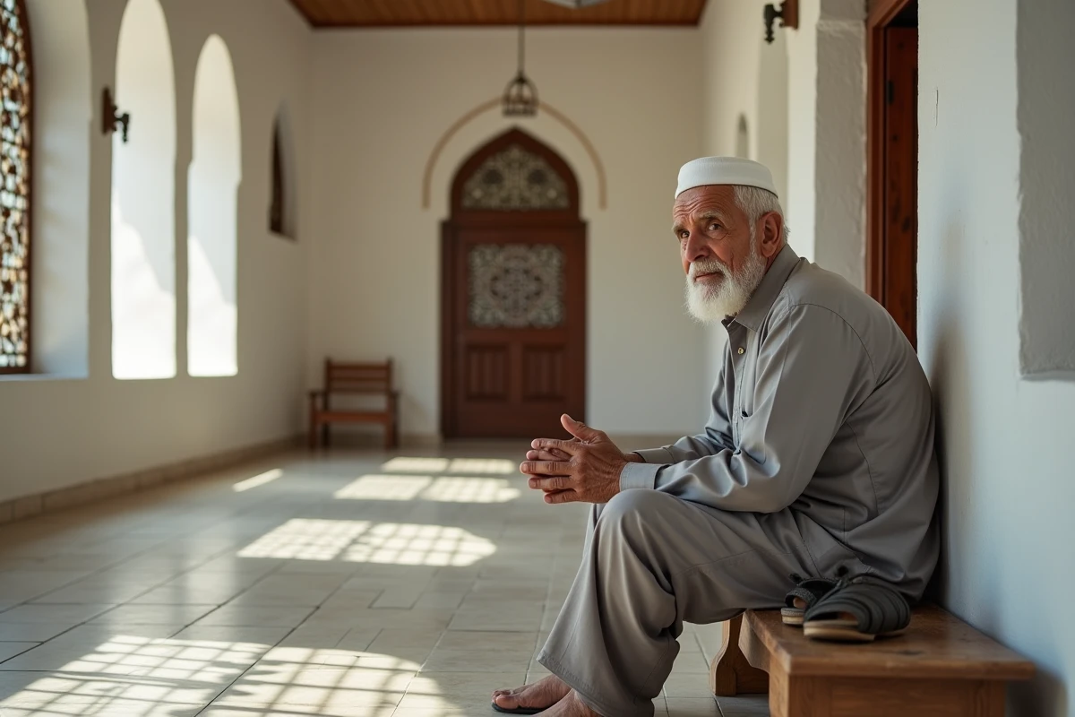 Vieil homme en voyage faisant la duaa dans une mosquée de passage, mains jointes en prière sincère, ambiance sereine