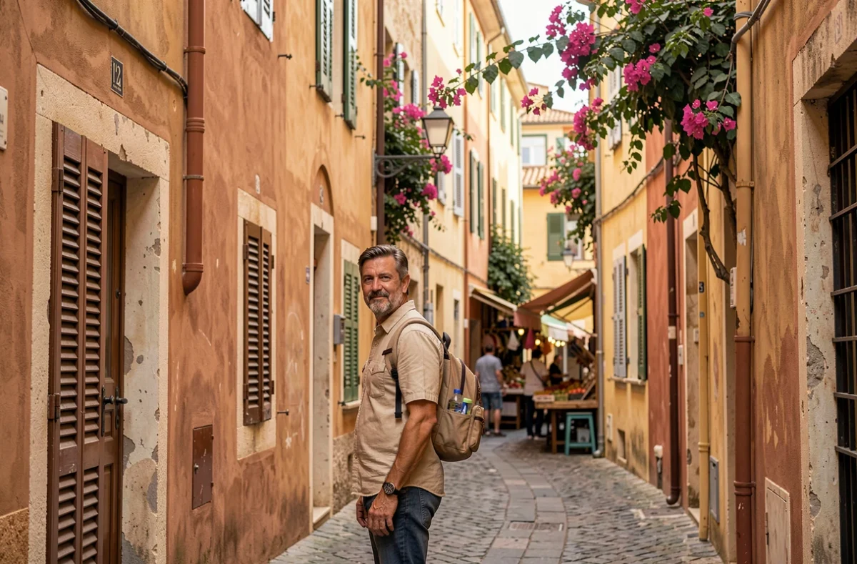 Touriste explorant les ruelles colorées du Vieux-Nice avec ses façades ocre et ses volets anciens